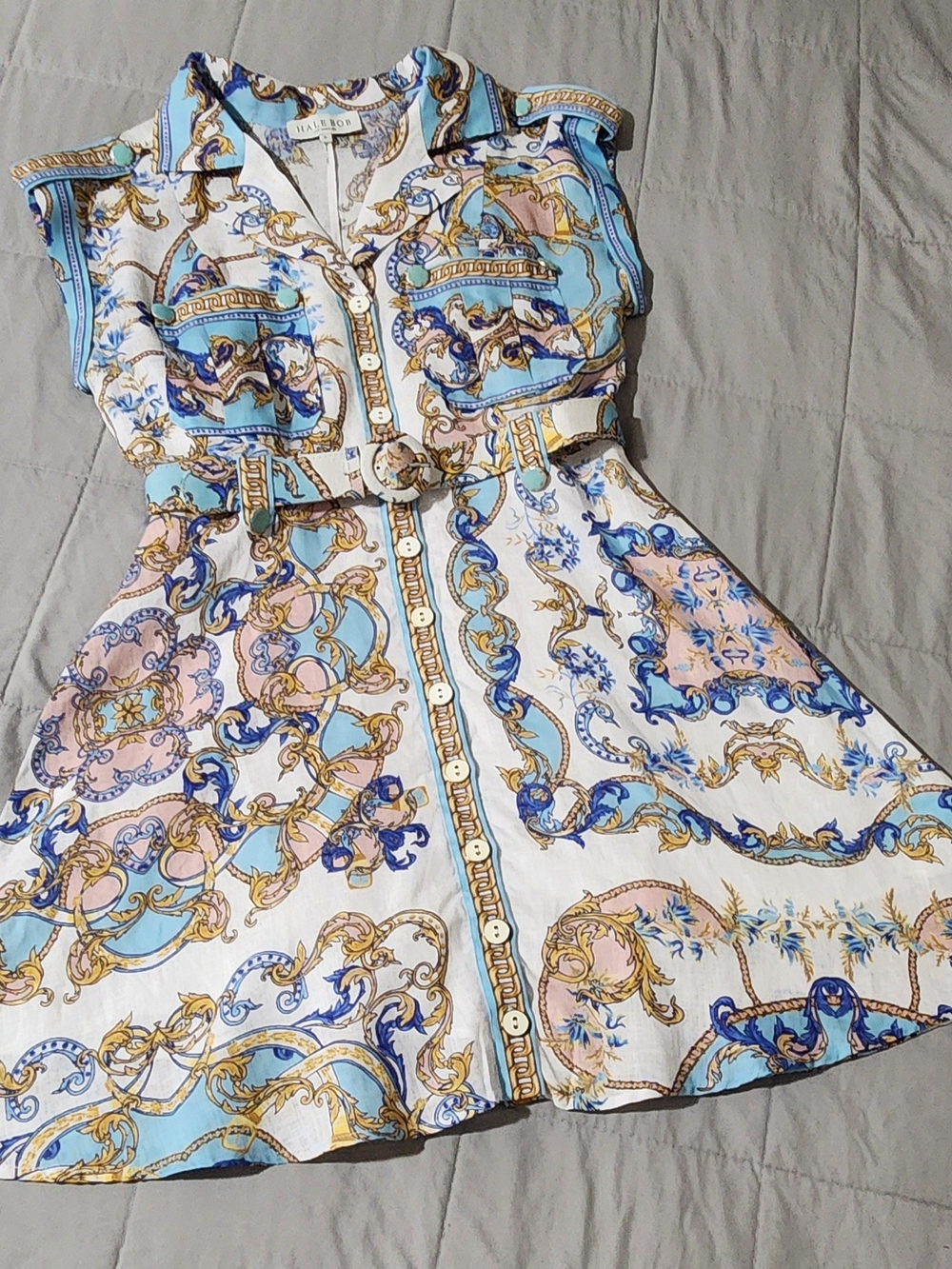 Hale Bob White Dress with Blue, Pink & Gold Baroque Print